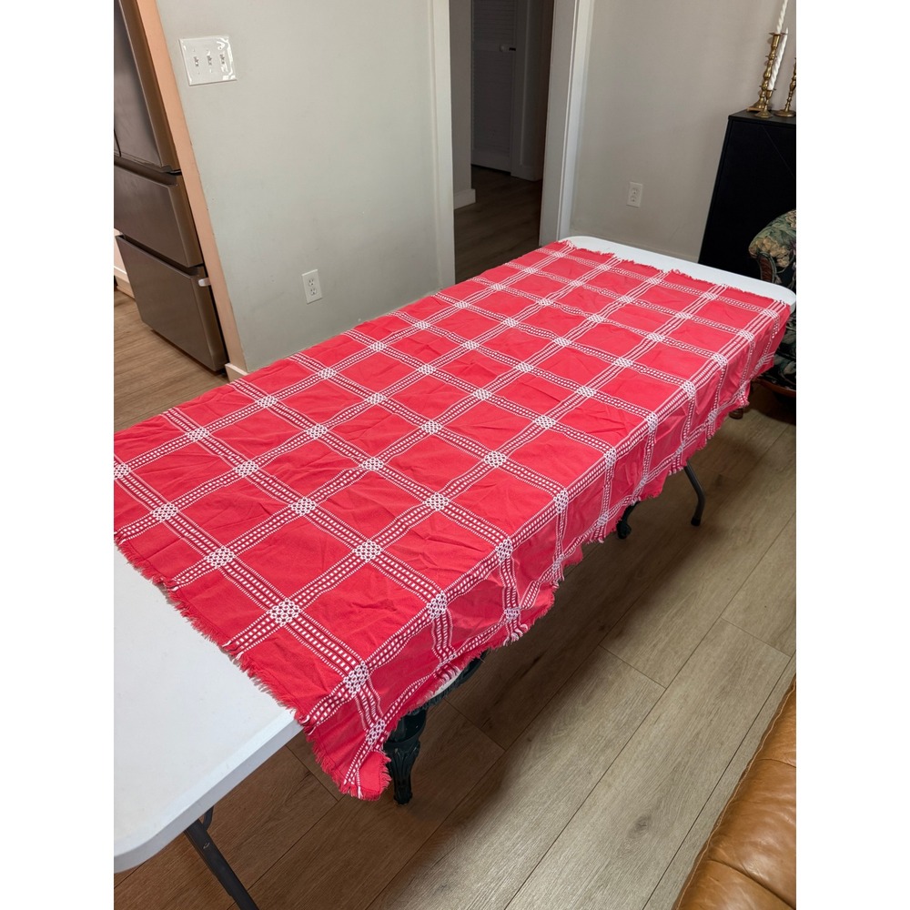 VVintage Red Woven Tablecloth White Grid Fringe Cottagecore MCM 60s 56 x 43